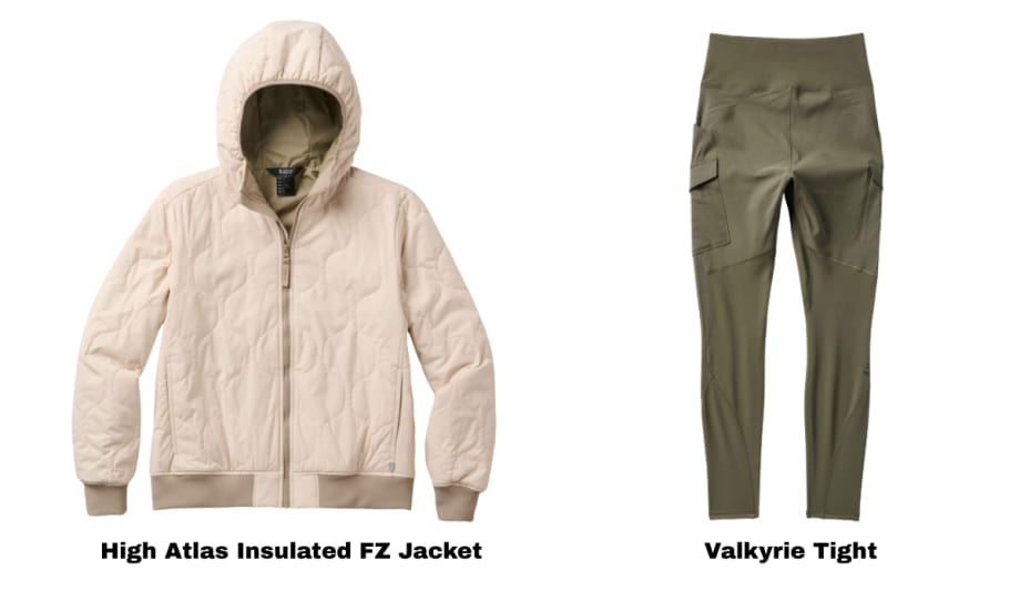 Image of a women's heavy coat at right, and women's tights at right, against a white background.