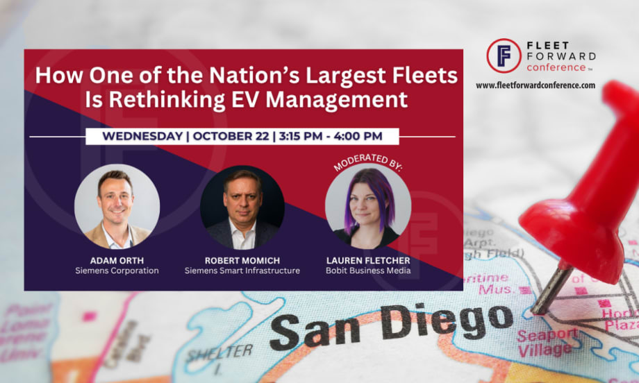 San Diego Map graphic with pin and speaker list for Fleet Forward Conference Session and bio phots.