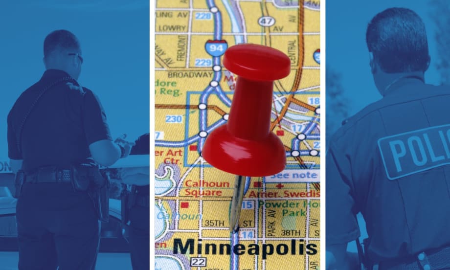 Red pushpin marking Minneapolis city map with police officers in background