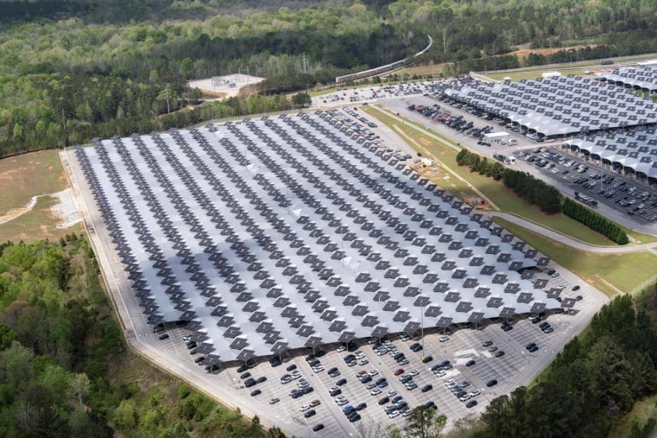 aerial view of Kia Georgia's West Point manufacturing plant with the new solar canopy installed