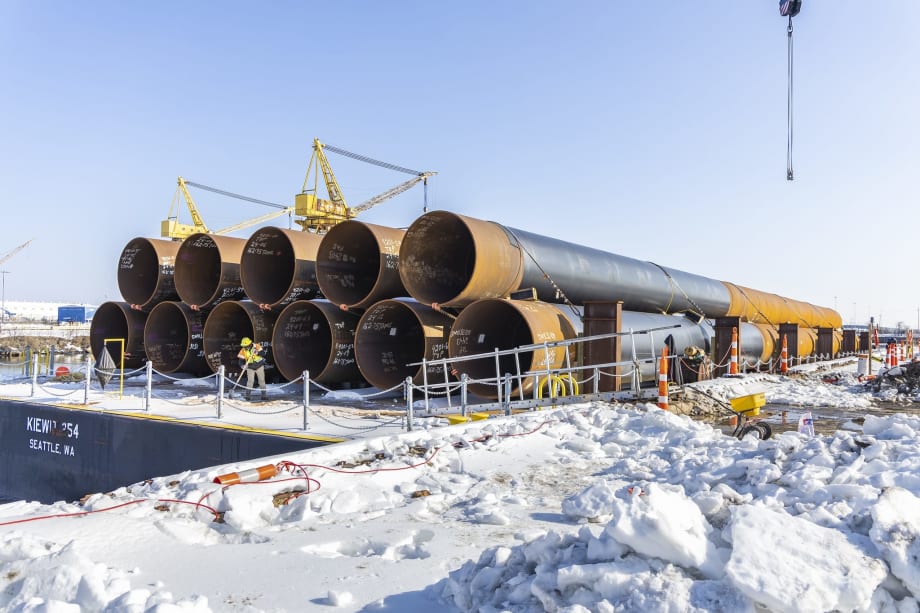 A snowy bridge construction staging zone.