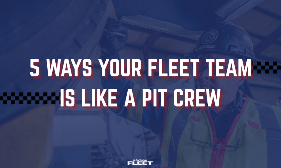 Fleet technician works beneath a vehicle beside text reading “5 Ways Your Fleet Team Is Like a Pit Crew” in a motorsports-inspired graphic.