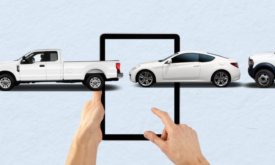 a graphic of a tablet with city vehicles.