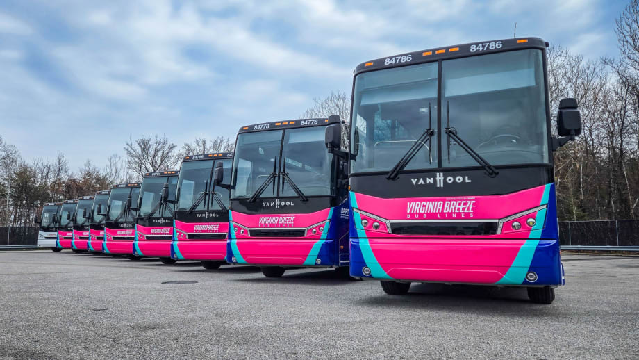 Virginia Breeze's new Van Hool motorcoaches with branding, which were delivered by ABC Companies.