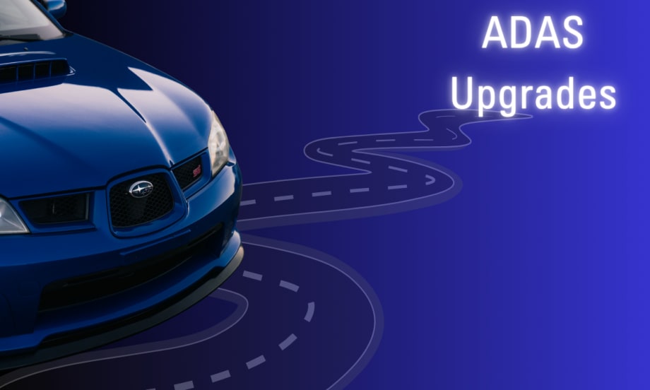 blue Subaru car, windy road graphic, ADAS Upgrades