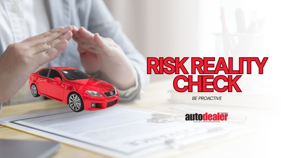 hands making protective frame over red car, Risk Reality Check, Be Proactive, Auto Dealer Today logo
