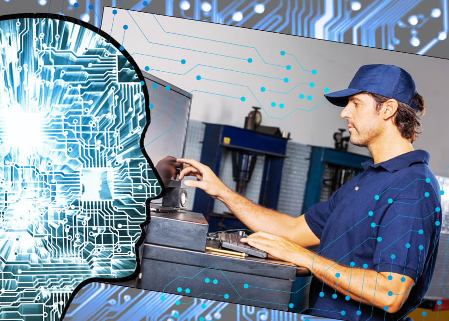 Conceptual Illustration of artificial intelligence in a truck maintenance shop