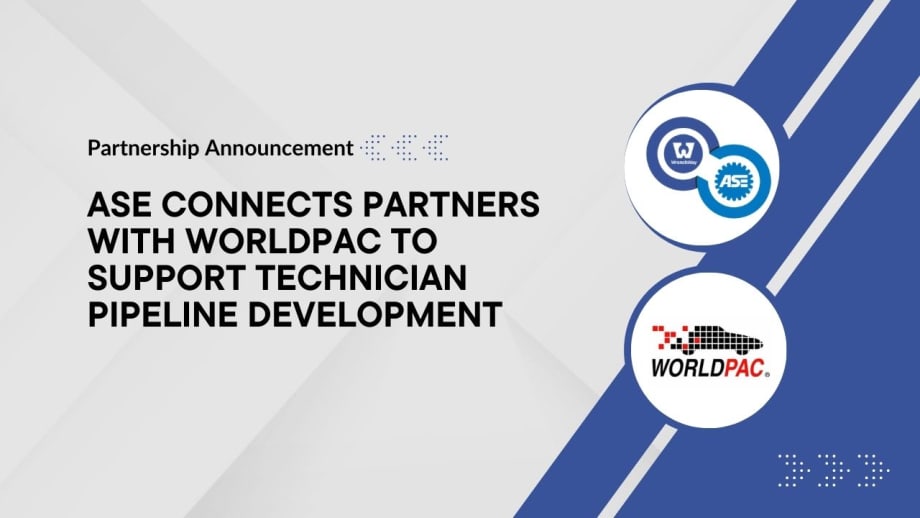Graphic announcing partnership between ASE Connects and Worldpac to support technician pipeline development and strengthen connections between industry and education programs.