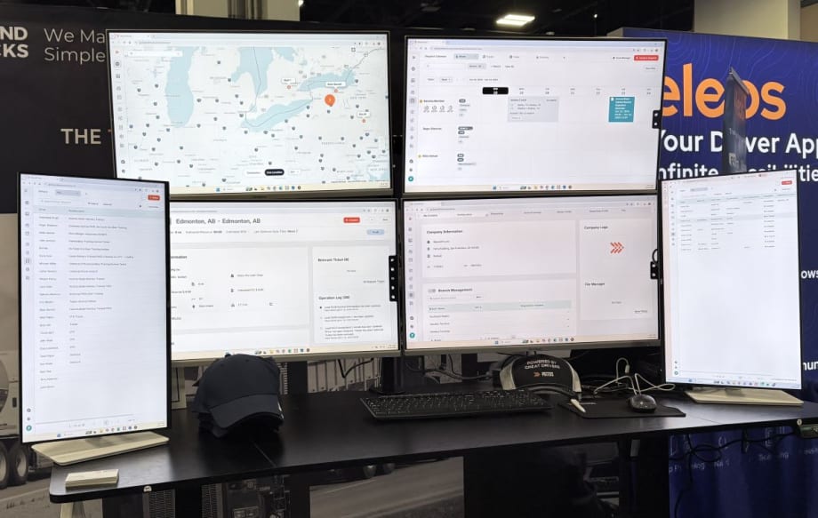 Four horizontal and two vertical video screens show different aspects of BeyondTruck's new compatibility engine