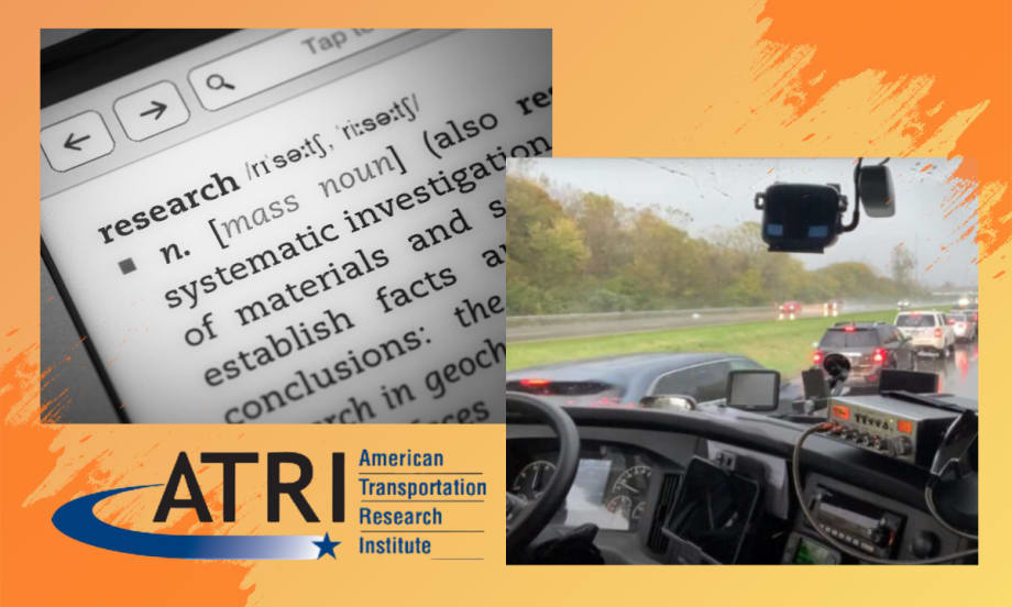 Illustration of inside truck cab with dashcam on window, definition of research, and ATRI logo
