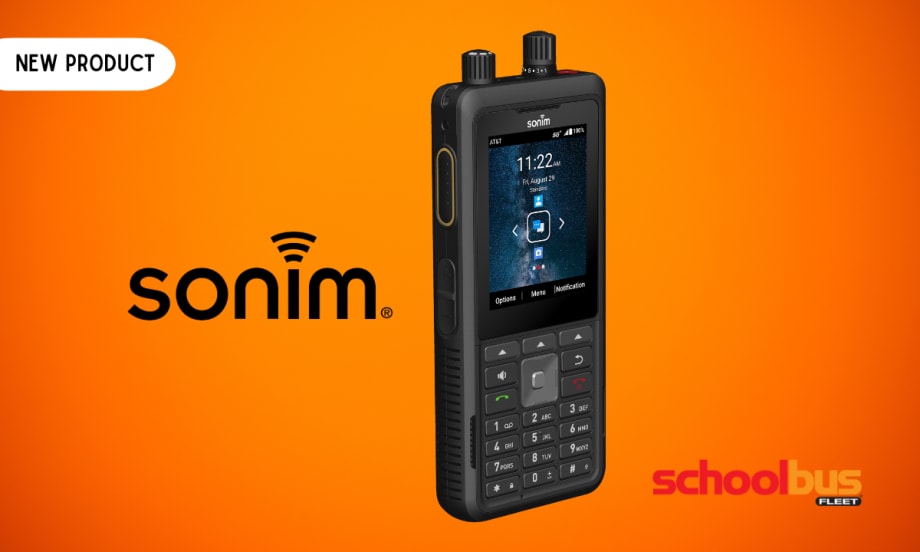 Sonim XP5plus 5G rugged mobile radio device on orange background labeled “New Product,” highlighting push-to-talk communication and durability for school bus fleet operations.