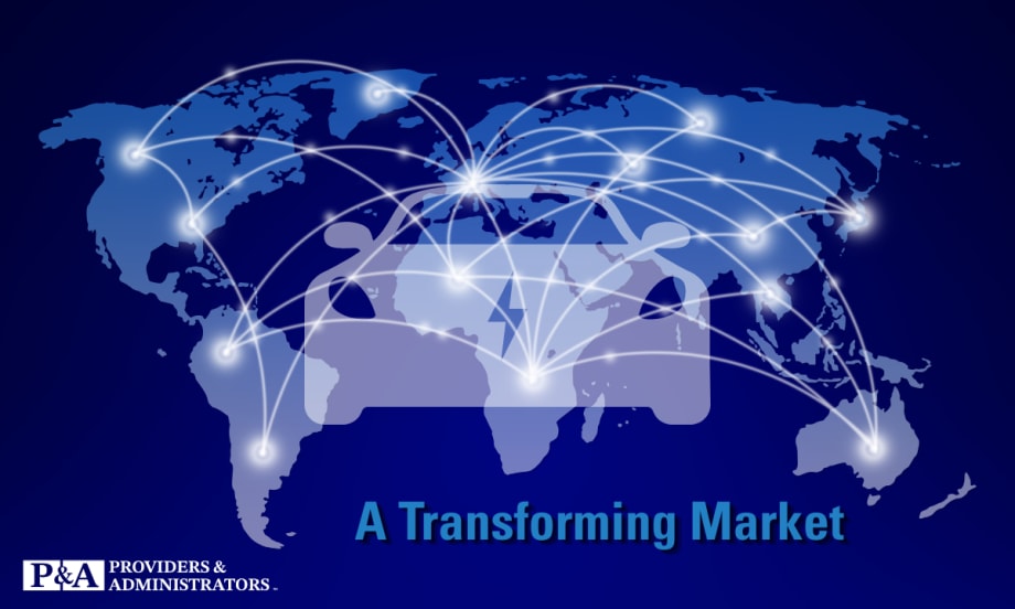 blue background, map of the world with connecting lights and an electric vehicle emblem in the middle