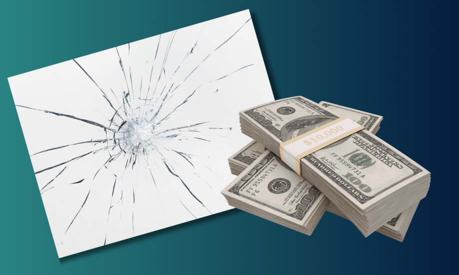 Illustration with stacks of money and a shattered car windshield