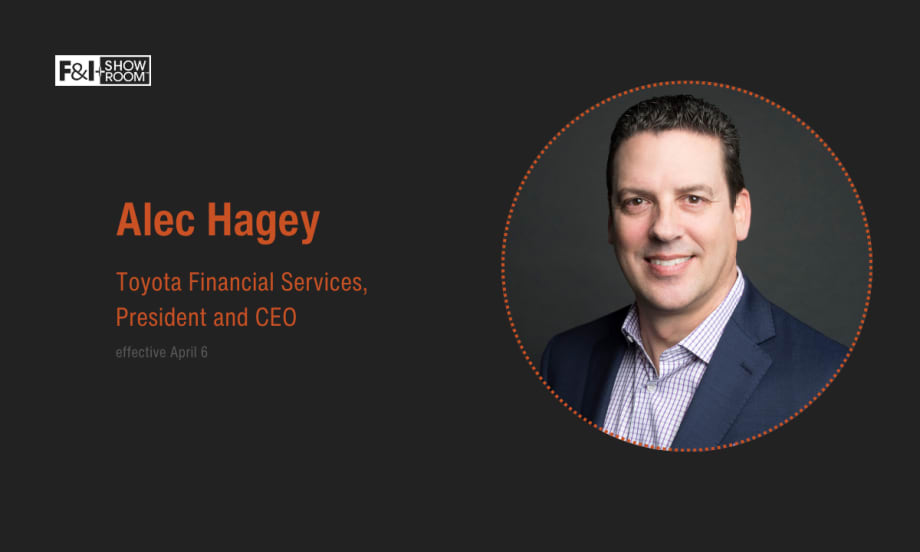 black background with orange text saying Alec Hagey Toyota Financial Services President and CEO effective April 6 with picture of Alec Hagey