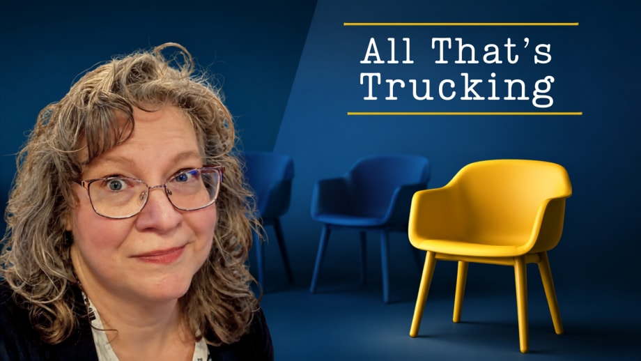 Illustration with author's face, the words "All That's Trucking," and an empty chair