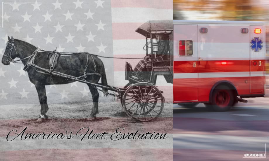 an horse drawn ambulance and modern ambulance with an American flag overlay and the words Americas Fleet Evolution