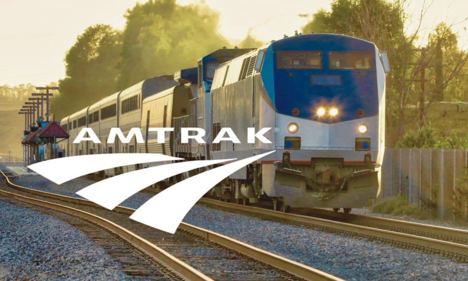 A photo of an Amtrak train with a logo