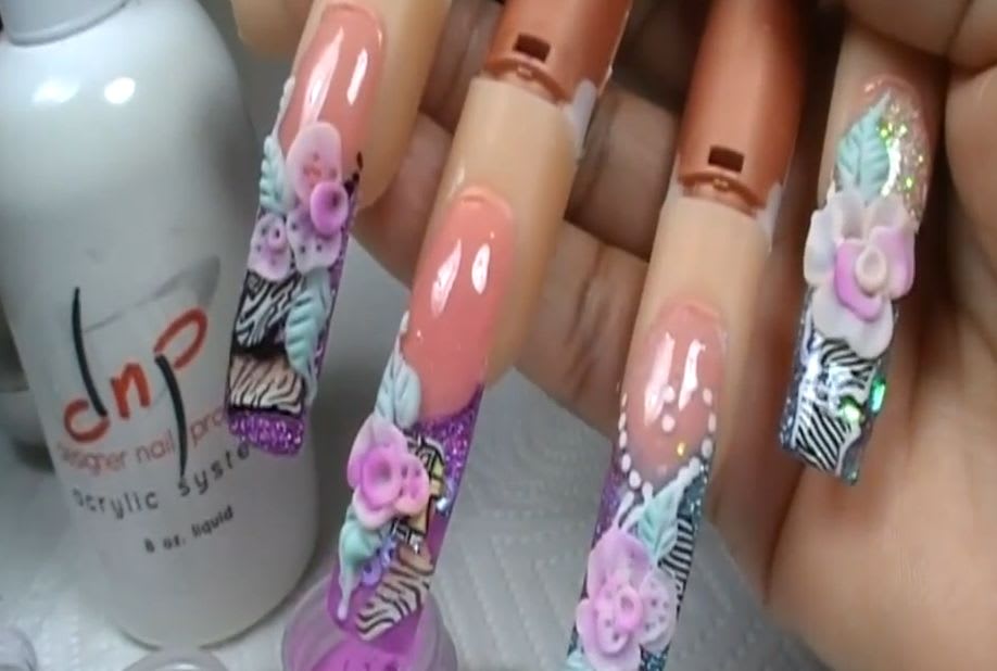 Floral Animal Print Acrylic Nail Art Design with Fimo
