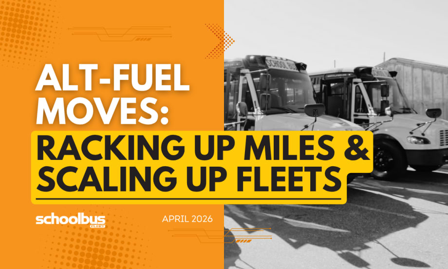 An orange and yellow graphic with a black and white image of electric Thomas Built Buses and text reading "Alt-Fuel Moves: Racking Up Miles & Scaling Up Fleets."