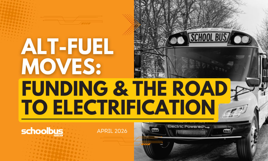 An orange and yellow graphic with a black and white image of an electric IC Bus school bus and text reading "Funding & the Road to Electrification."