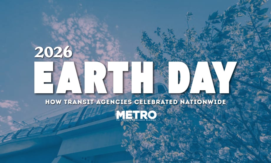A blue and white graphic with text reading "2026 Earth Day: How Transit Agencies Celebrated Nationwide."