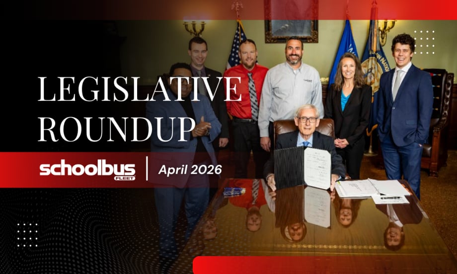 A black, white, and red graphic with an image of Wisconsin political figures by a table and text reading "Legislative Roundup April 2026."