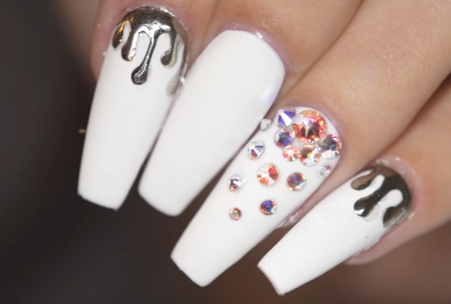 White Matte Nails with Chrome Drips & Swarovski