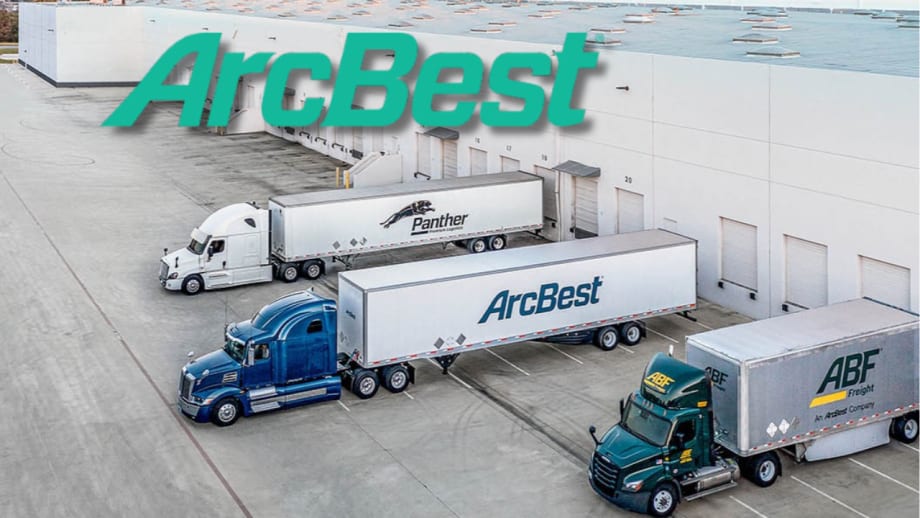 Photo of semi trucks with Panther, ArcBest, and ABF trailers backed up to docks, with ArcBest logo superimposed on top