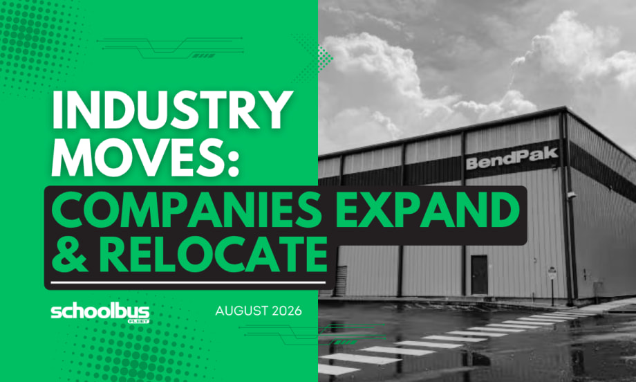 A green and white graphic with a black and white image of a new Bendpak facility with text reading "Industry Moves: Companies Expand & Relocate."