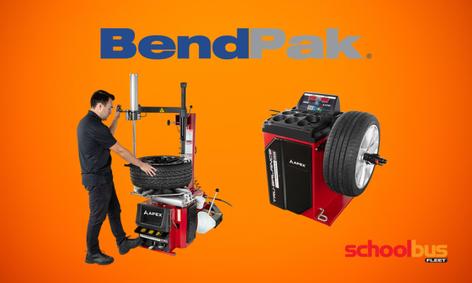 Technician operating a red APEX tire changer next to an APEX wheel balancer with mounted tire, displayed against an orange background with BendPak branding.