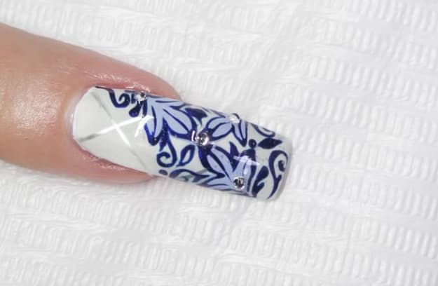 Blue and White Floral Gel Nail Design