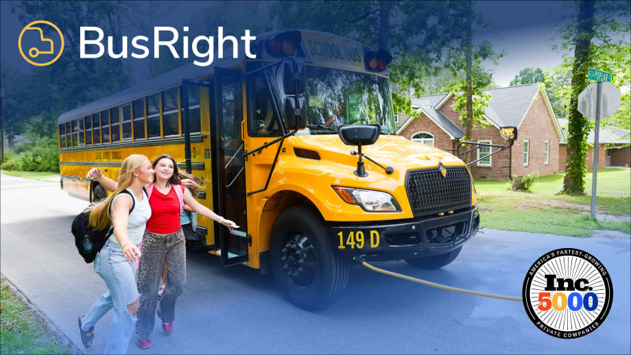 BusRight-branded image showing students exiting a yellow school bus, with the Inc. 5000 logo recognizing America’s fastest-growing private companies.
