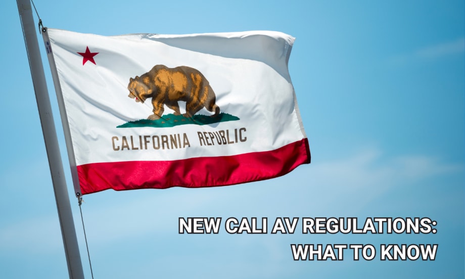California state flag waving against a blue sky with text reading “New Cali AV Regulations: What to Know” about updated autonomous vehicle testing and deployment rules.