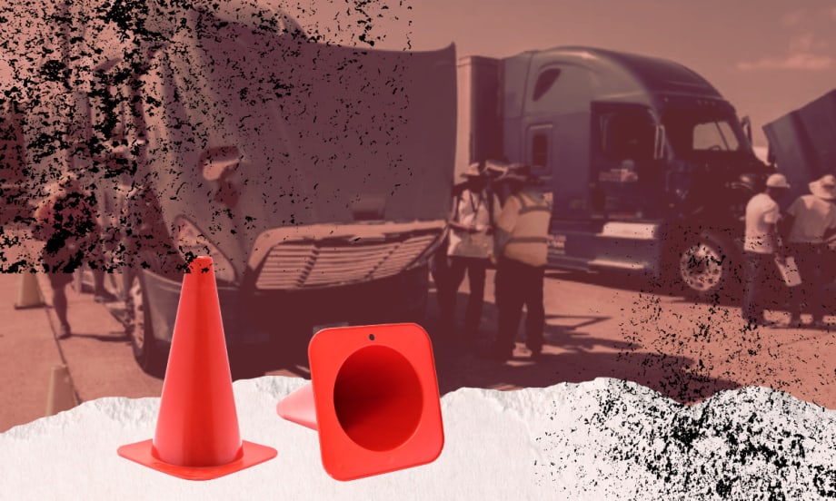 Illustration of driver students around trucks with distressed graphic elements and safety cones