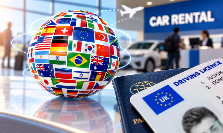 globe of world and drivers license from UK