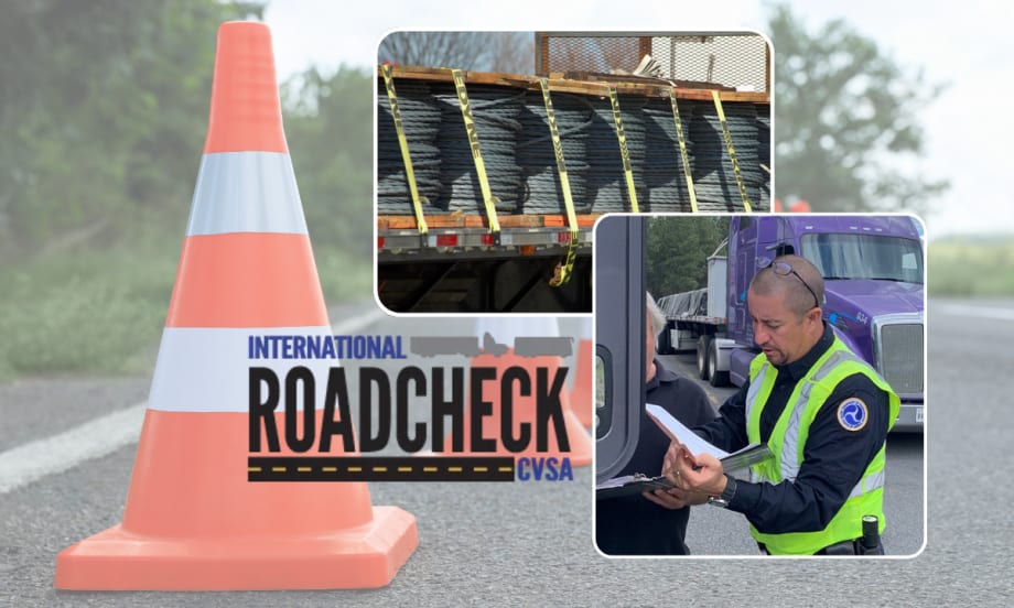 Illustration with safety cones in background, Roadcheck logo, cargo tiedowns, and officer checking driver logs