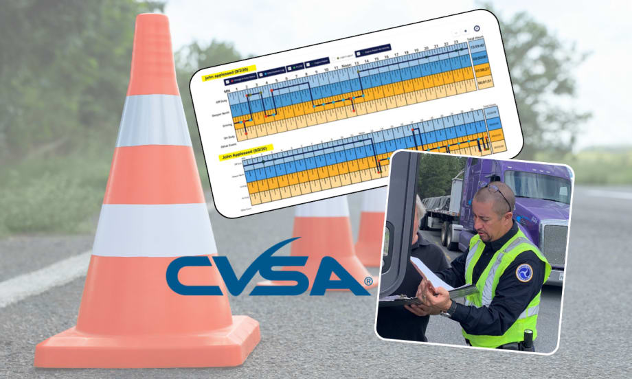 Illustration with safety cones, false logbooks, CVSA logo