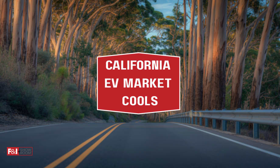 road winding through redwood trees, California EV Market Cools, F&I and Showroom logo