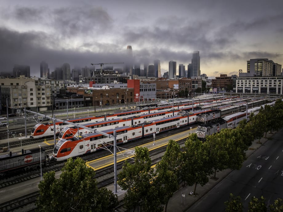 A fleet of Caltrain electrified trains on tracks