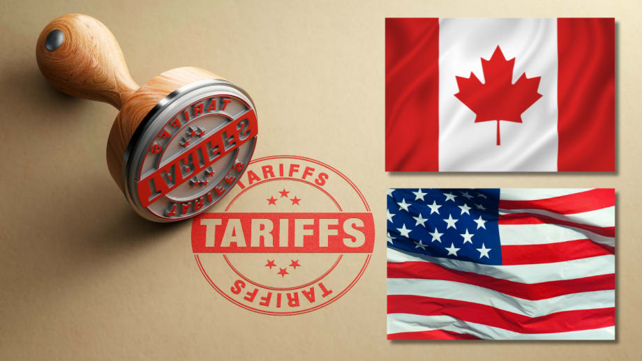 Graphic with U.S. and Canadian flags over background illustration of an ink-stamp that says Tariffs.