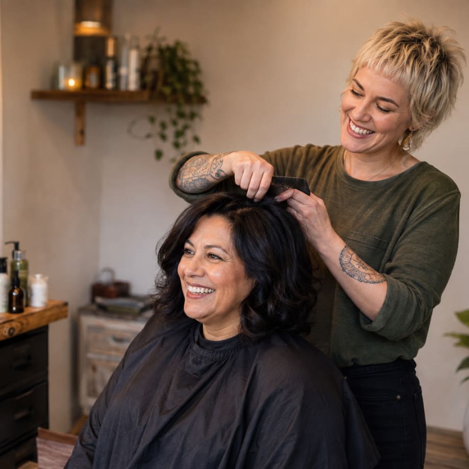 A hairstylist with short blonde hair works on a client with brown hair