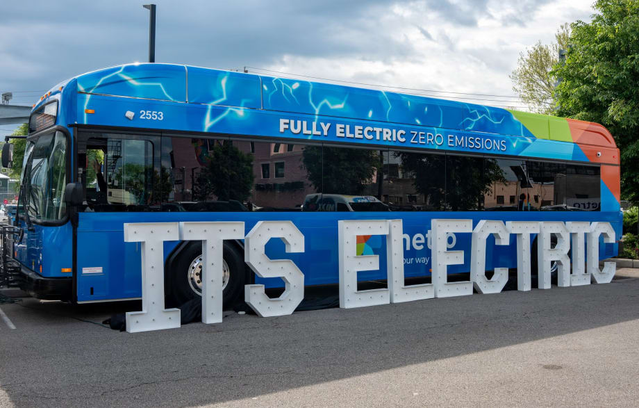Cincinnati Metro's new battery-electric bus, which was unveiled on Earth Day