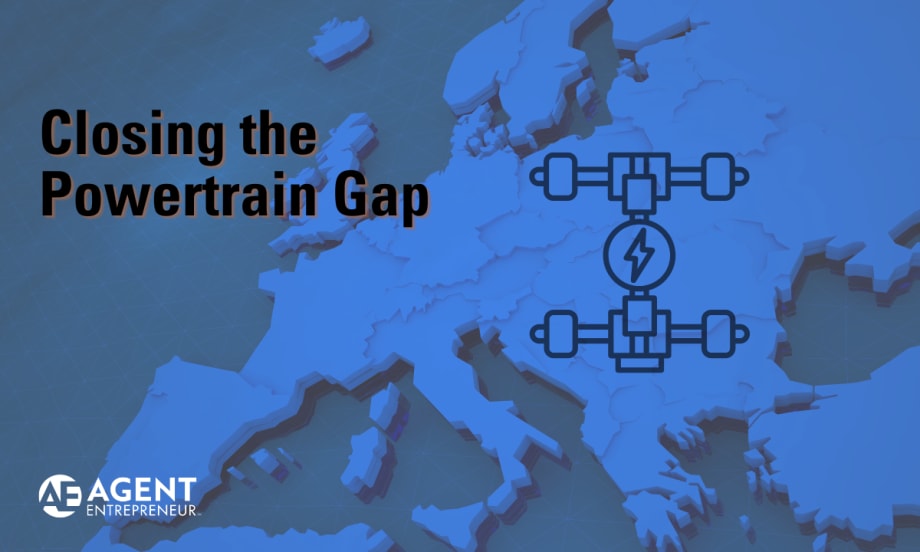 blue map of Europe with outline of an electric vehicle powertrain on top, Closing the Powertrain Gap, Agent Entrepreneur