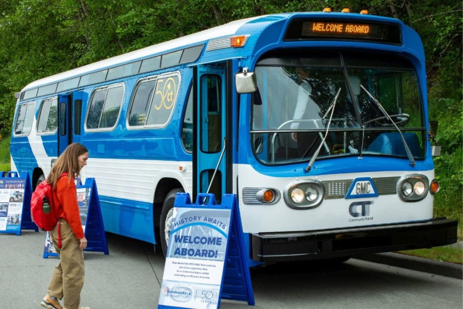 Community Transit's Bluebell bus celebrating the agency's 50-year milestone.