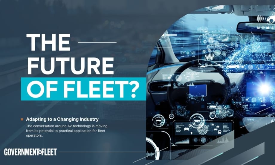 The text 'the future of fleet' with an image of an autonomous car on the road and the GF logo.