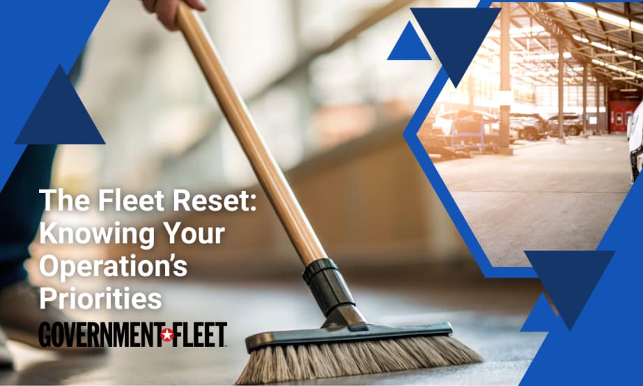 a person sweeping with another image of a garage and the government fleet logo.