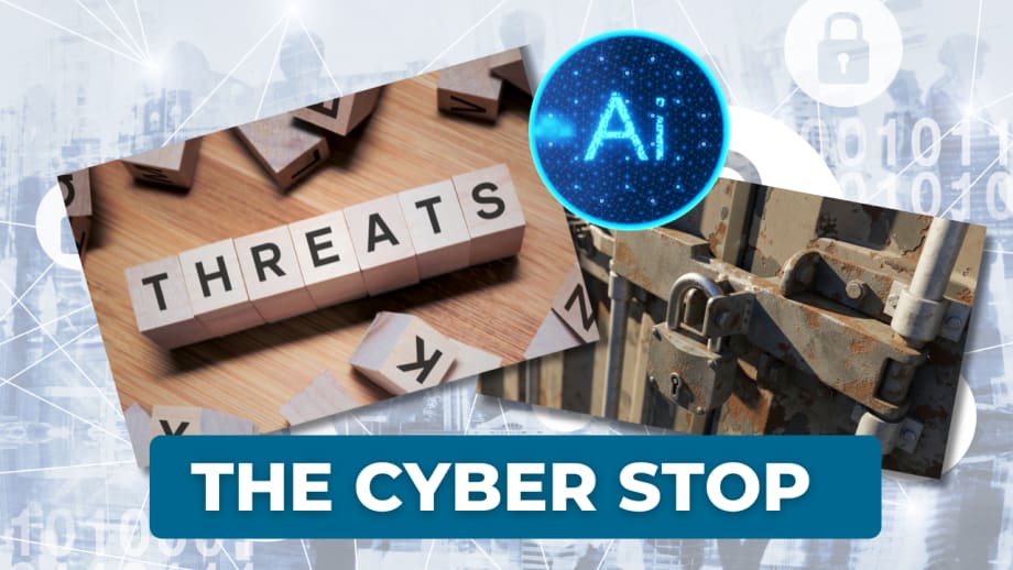 Cyberstop column header depicting images related to threats, AI, and a locked cargo container