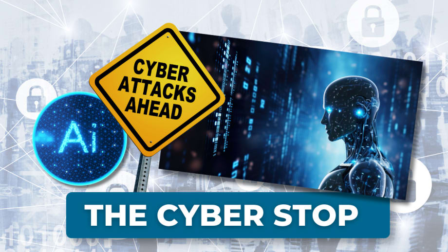 Illustration of cybersecurity images with "The Cyber Stop" text
