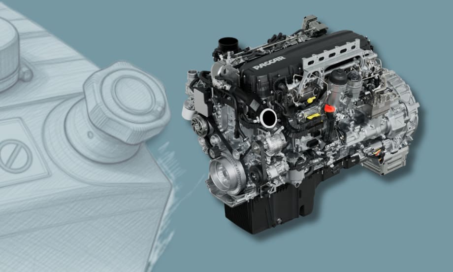 Illustration showing Paccar MX engine with sketch illustration of DEF fill tank in background