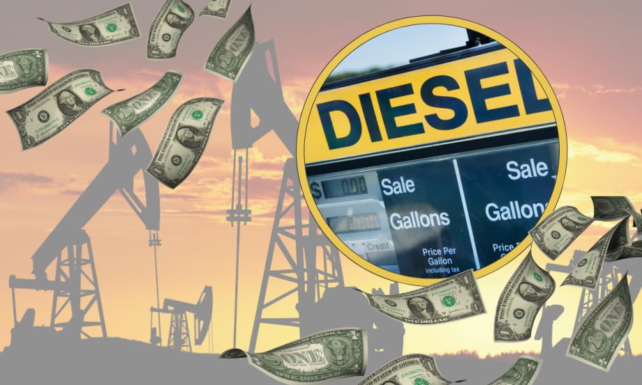 Illustration with oil wells, dollar bills, and a diesel fuel pump